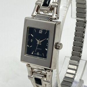 Avon Watch Women 20mm Silver Tone Black Dial Stretch Band Tank New Battery 6.5"